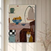 Enmarcado 1 lienzo abstracto enmarcado para pared - Diseño moderno de naturaleza muerta con gato naranja, cuencos y jarra azules, póster 2D/plano para decoración del hogar, oficina o cafetería, regalo perfecto para Pascua, Día de la Madre, graduación, arte de oficina |  artística | Decoración de interiores - Enmarcado - Ver 2