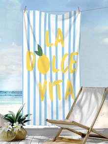1件時尚藍色條紋海灘巾，檸檬印花「La Dolce Vita」大尺寸海灘巾，超細纖維快乾吸水防沙海灘浴巾，毛巾，適合旅行、游泳池、潛水、衝浪、瑜珈、露營、海灘派對和派對裝飾海灘巾，夏季海灘旅行必需品，度假浴室裝飾水上派對多功能海灘巾 - 藍色條紋 - 查看 3