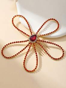 1pc Crystal Flower Hair Comb, Elegant Bridal Side Headpiece Suitable For Wedding, Engagement, Photography, Holiday, Daily Wear - Red - View 7