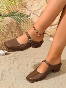Retro Brown Mary Jane Mule Shoes, Square Toe Low Heel Slip-On Comfortable Heeled Sandals For Work, Daily Commute And Casual Wear - Brown - View 4