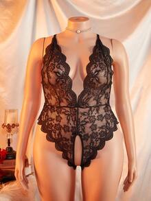Lingerie Seksi Tanpa Selangkangan Berenda Ukuran Besar, Desain Tanpa Punggung Pas Badan dengan Leher V Dalam Semi-Transparan untuk Wanita Berlekuk, Hadiah Hari Valentine - Hitam - View 4