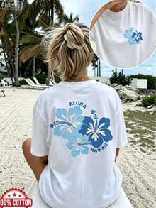 [Summer Beach Tee] High Stretch Women's Plus Size Casual Loose Fit Round Neck Short Sleeve T-Shirt |   "FEELING SALTY" Surf Skeleton Graphic Print, Machine Washable Summer Beachwear Top, Beach Vacation Outfit, Laidback Fashion, Breathable Tee, Statement Tee, Beach Loverswinter Clothes For Women 2026 - 白色1 - 查看 1