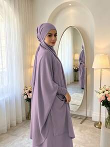 紋理縮褶彈性袖口 Khimar Abaya 兩件套，寬鬆大袖端莊 長洋裝，穆斯林女性休閒伊斯蘭禮拜服飾 - 彩色 - 查看 2