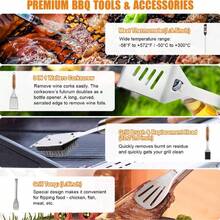 9-Piece BBQ Tool Set, Heat-Resistant Handle, Includes BBQ Fork/Spoon/Tongs/Cleaning Brush, Complete BBQ Essentials Set, Suitable For Men/Father/Outdoor Cooking Enthusiasts/Campers - Multicolor - View 6