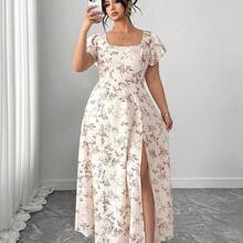 jianchaimaoyi02  Vestido de verano elegante y estilizador para mujer de talla grande con cuello cuadrado francés, mangas con volantes, abertura en el bajo, adecuado para uso casual, vacaciones ligeras, ocasiones sociales, fiestas de cóctel y citas - Naranja - Ver 8