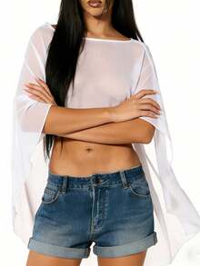 Women's Sheer Beach Cover Up  Off-Shoulder Mesh Cape Top, Perfect For Pool  Vacation - White - View 2