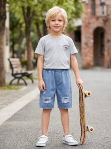 1 Stück Jungen modische klassische Distressed Jeans Lounge Shorts, verwaschenes Blau - Mittele Waschung - Übersicht 7