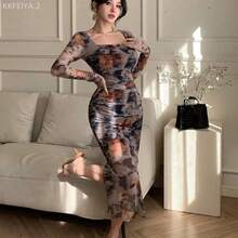 Soqi Women's Clothing Vestido con estampado floral de primavera y verano, vestido elegante de manga larga transparente con dobladillo de sirena ajustado para festival de música, boda, fiesta, vestido de paseo - Morado - Ver 2