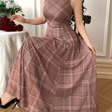 yonghongmaoyi1  Vestido de mujer elegante de cuello redondo sin mangas con estampado asimétrico de largo medio, vestido de invitada de boda de verano - Marrón - Ver 11