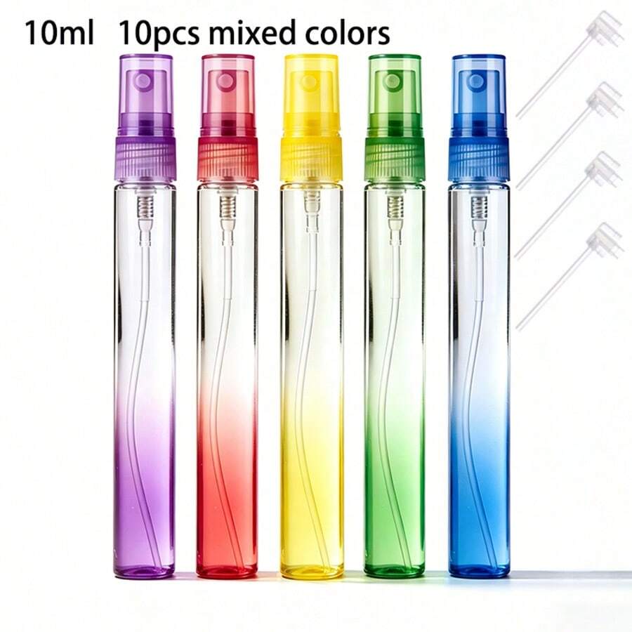 10pcs Gradient Color Glass Perfume Refillable Bottles, 10ml Multi-Color Mixed, Different Colors Contain Different Perfumes, Mini Samples Portable Travel Spray Bottles - View 1