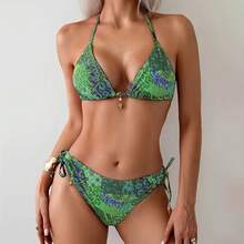New 2026 Model: Two-Piece Bikini With Print And Halter Straps For Women; Bikini For Beach And Spa - 藍色 - 查看 8
