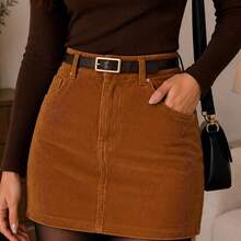 Women's Corduroy Skirt With Belt - Premium Casual Fashion - 駝色 - 查看 4