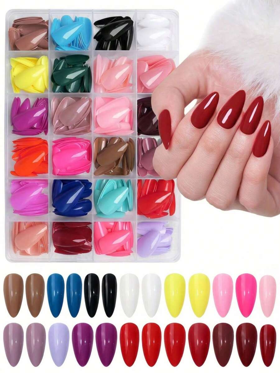 576pcs 24 Colors Medium Almond Shape Press-On Nails, 12 Sizes Full Coverage Acrylic Fake Nails, Glossy Solid Color Pointed Nails, Suitable For DIY Manicure, Home And Nail Salon - Multicolor - View 1
