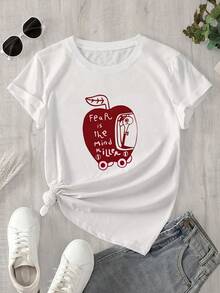 Camiseta de manga corta y cuello redondo para mujer con estampado de manzana roja y la frase "Apple Killer" (Asesino de manzanas), apta para todas las estaciones. - Blanco - Ver 1