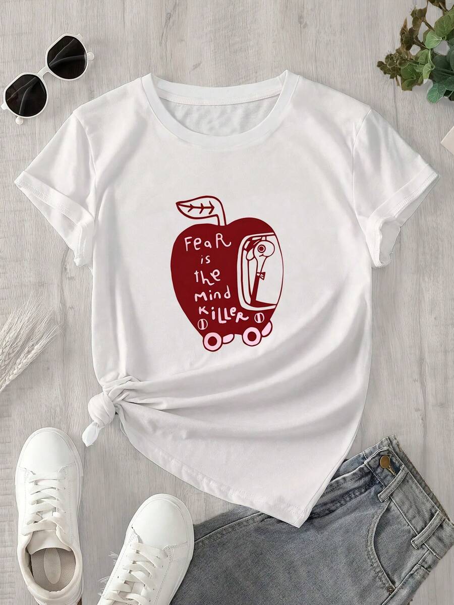 Camiseta de manga corta y cuello redondo para mujer con estampado de manzana roja y la frase "Apple Killer" (Asesino de manzanas), apta para todas las estaciones. - Blanco - Ver 1
