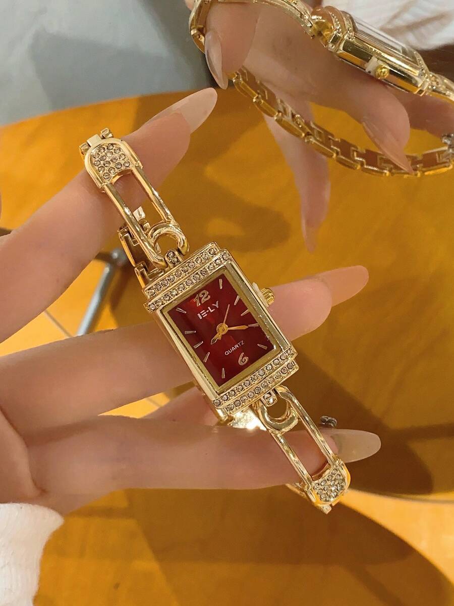 1pc Women's Elegant Gold Bangle Watch, Small Durable Fashion Square Dial, Charming Women's Gift, Suitable For Daily Wear - Gold - View 1