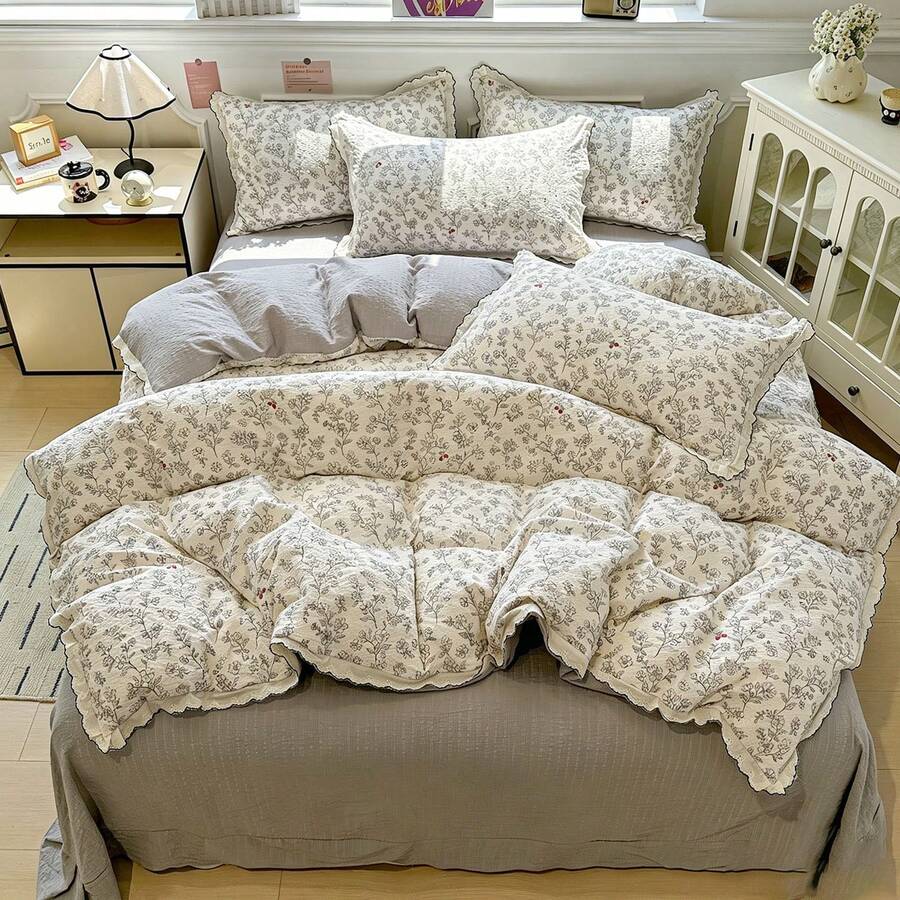 4-Piece Ruffled Duvet Cover Set, Soft And Comfortable Bedroom Bedding, Ruffled Design With Cute Floral And Cartoon Animal Patterns, Breathable And Soft All-Season Bedding Set, Includes 1 Duvet Cover, 1 Bed Sheet, 1 Or 2 Pillowcases, No Filling, Suitable For Bedroom, Dorm, Home Use, Multiple Size Options - Grey - View 1