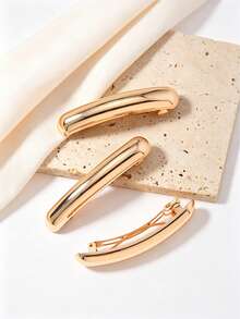 1/2/3pcs Women's Elegant Metal Hair Clips, Y2K Glamorous Solid Color Single Line Spring Clips, Elegant Casual Hair Clips, Daily Ponytail Clips, School Supplies Hair Accessories,Claw Clips - Gold - View 7