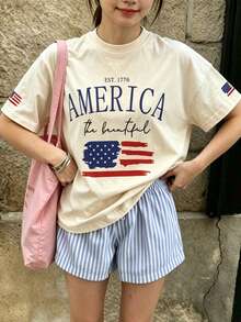 Tween女孩1件印花短袖T恤，休閒圓領夏季上衣，適合日常校服、購物與玩耍，青少年學生童裝，Tween女孩夏季上衣 - 杏色 - 查看 2