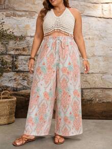 Elegant Bohemian Style Paisley Print Wide Leg Pants, Long Length For Plus Size Women, With Faux Drawstring Vacation - Mint Green - View 5