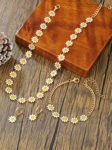 Elegant Autumn/Winter Daisy Necklace Bracelet Earrings Jewelry Set For Women, Cute Enamel Floral Pendant Earring Accessories, Vacation Gift - Multicolor - View 6