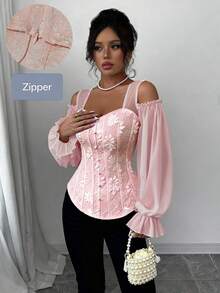 Fashionable Open-Style Design With Long Floral Jacquard Sleeves And Adjustable Shoulder Straps - 羅莎 - 查看 4