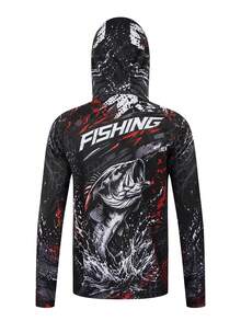 TELEYI Men's Black & Red Splatter Bass Fishing Hoodie With Sun Protection Mask, UPF Long Sleeve Quick-Dry Outdoor Shirt - Black - View 3