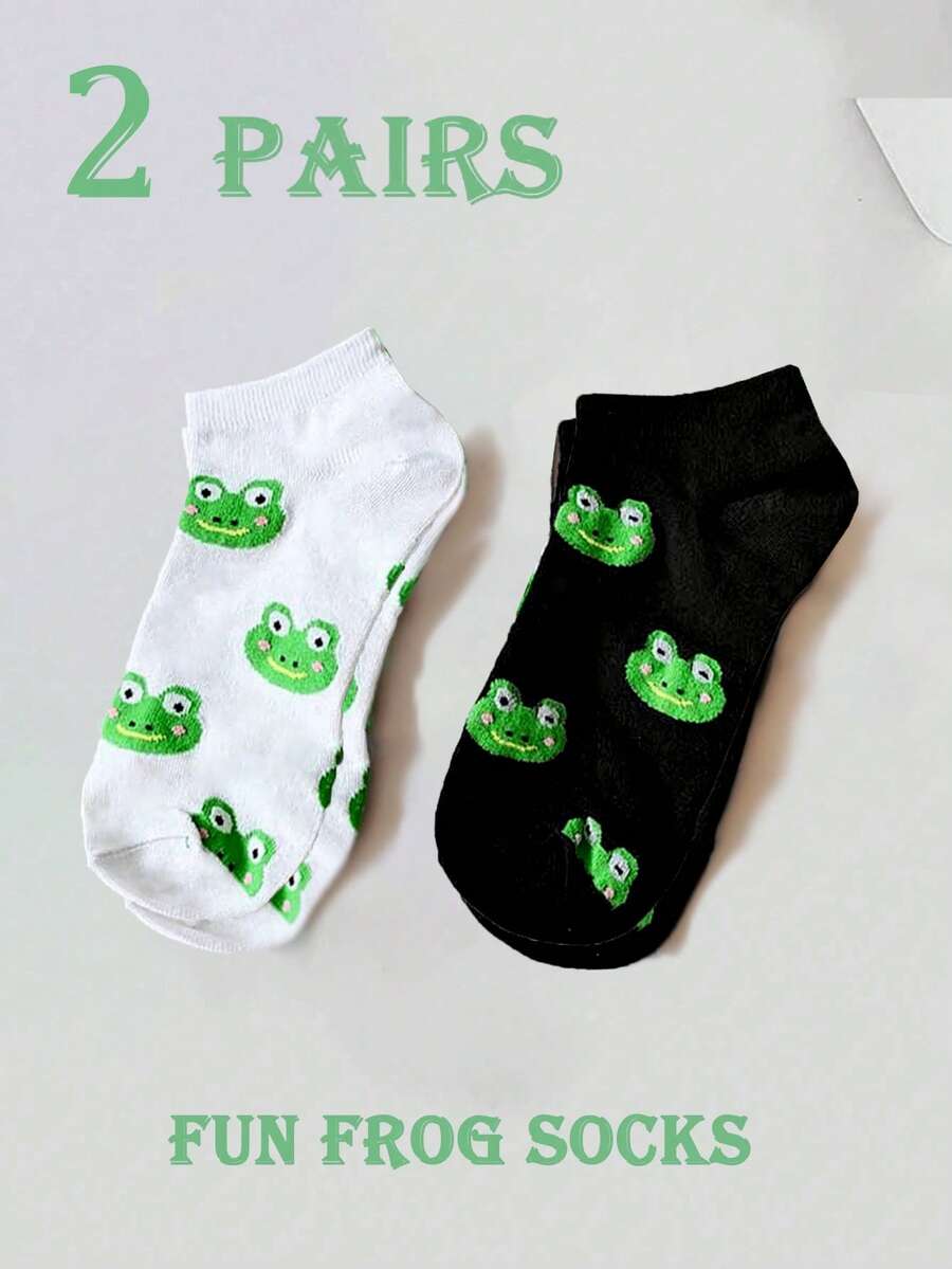 2 Pares de Meias Curtas Femininas, Padrão de Desenho Animado de Sapo em Contraste Preto & Branco, Punho Canelado, Tecido Amigável à Pele, Estilo Fofo & Divertido, Meias Curtas, Uso Diário & Presente de Feriado, Excêntrico & Adorável - Preto e Branco - Visão 1