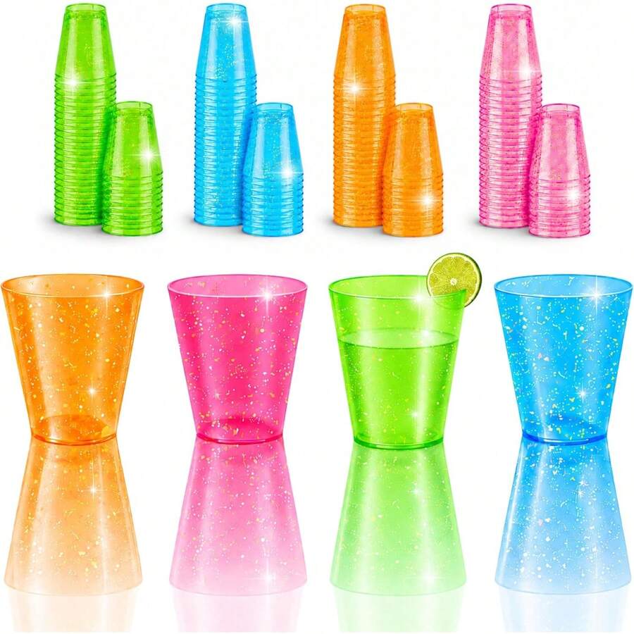 Stumbelina 100 UNIDADES (1 oz) BRILLO NEÓN | VASOS DE CHUPITO DE PLÁSTICO | Paquete Variado MULTICOLOR BRILLANTE | Mini Vasos Desechables para Fiestas | Perfecto para Chupitos de Gelatina, Shooters de - 100 tazas - Ver 1