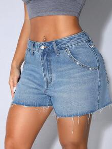 Women's Summer Low Waist Rhinestone Decorated Sexy Casual Denim Shorts - Periwinkle Blue - View 3