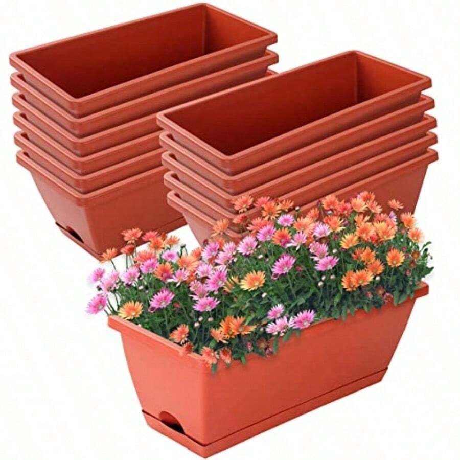 1 buah Kotak Pot Tanaman Jendela, Pot Sayuran dan Bunga Plastik, Pot Persegi Panjang Panjang 43cm dengan Baki, Cocok untuk Taman Dalam dan Luar Ruangan, Teras, Dekorasi Rumah - persegi panjang - View 1