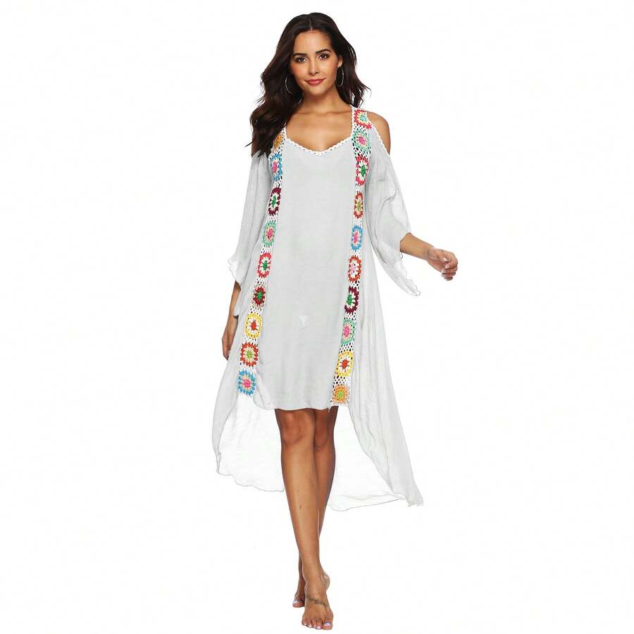 Hand-Crocheted Patchwork Off-Shoulder Asymmetrical Front-Short-Back-Long Beach Dress Vacation Robe - White - View 1
