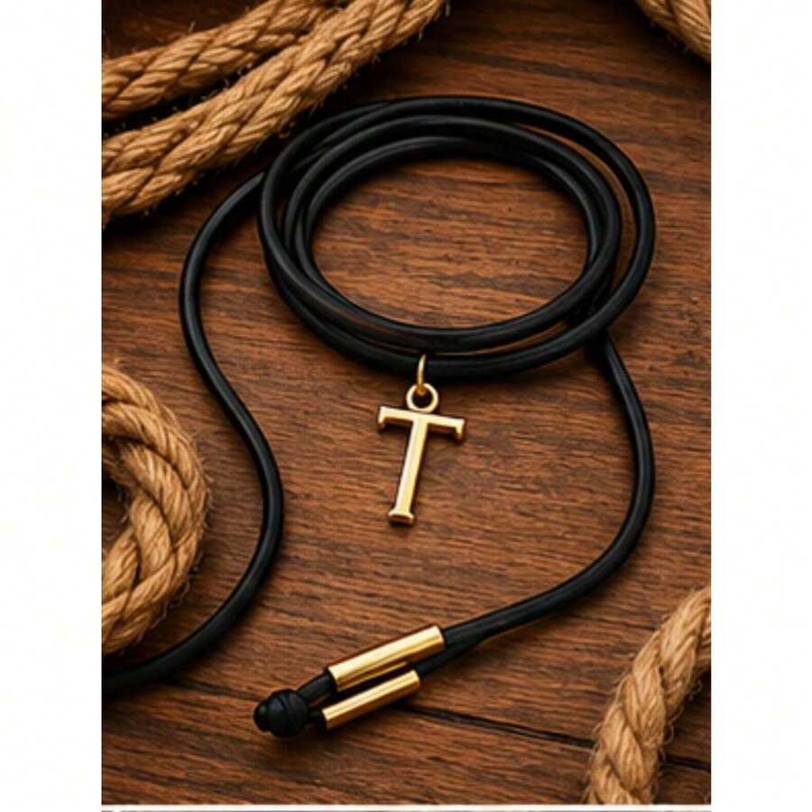 Leatherette Necklace With Personalized Letter, Gold Plated (N, Brown) - T - View 1