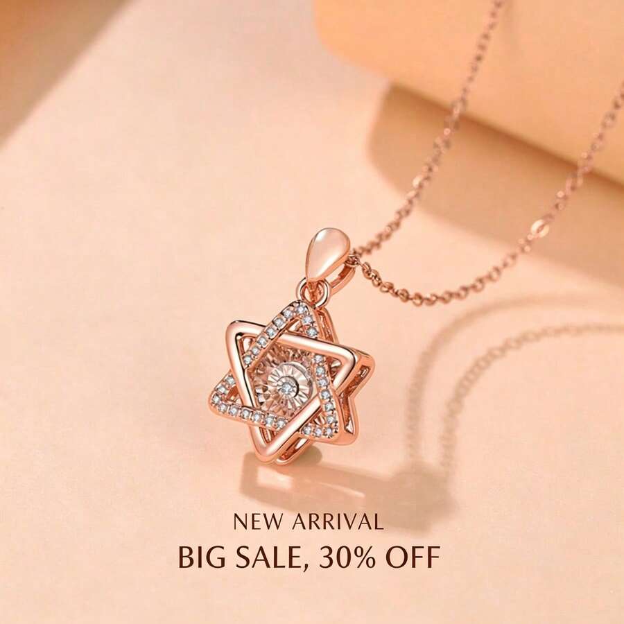 新品上市 - 30%折扣！1件18K玫瑰金鍍六角星吊墜項鍊，0.05克拉真鑽搭配20倍放大效果，適合日常配戴與送禮：母親節、感恩節、聖誕節、生日、畢業典禮，給媽媽、女兒和姊妹的精緻禮物
