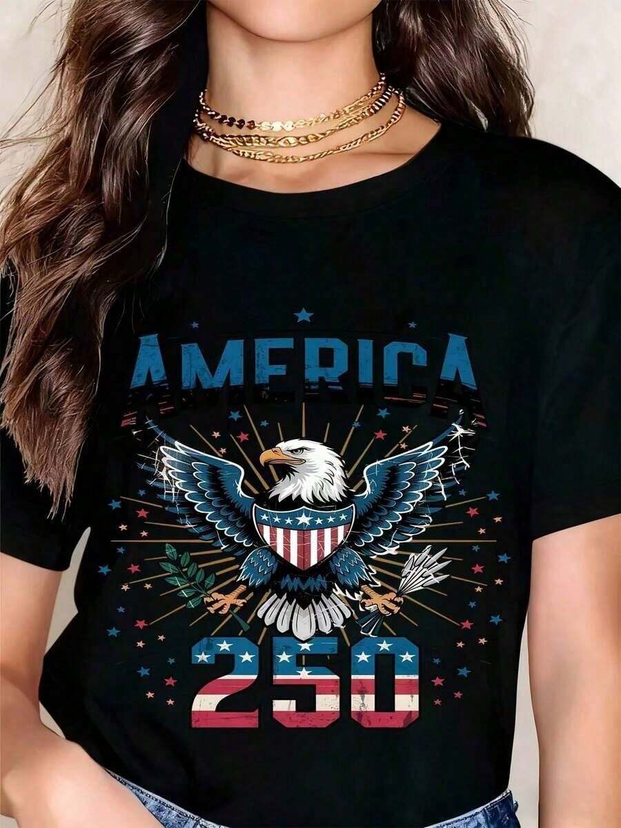 Camiseta Patriótica con Águila del Día de la Independencia de Estados Unidos 250 para Hombres y Mujeres, Bandera de Estados Unidos con Estrellas y Rayas, Camiseta de Celebración Americana - Negro - Ver 1