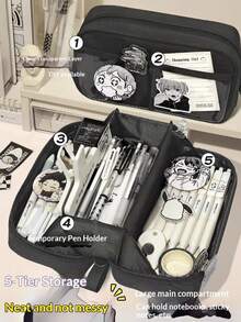 180° Flat-Lay Volcano Style Pencil Case, Transparent Fabric Large Capacity Stationery Storage Bag, Multi-Layer Zipper Compartments Desktop Organizer, Vertical Self-Standing Design, Can Store Pencils, Erasers, Notebooks, Tape, Rulers, Dual-Use For School And Office, Ideal Gift For Teens And Adults, Comes With A7 Notebook And 5 Writing Pens - 180-degree Flat Pencil Case - View 9