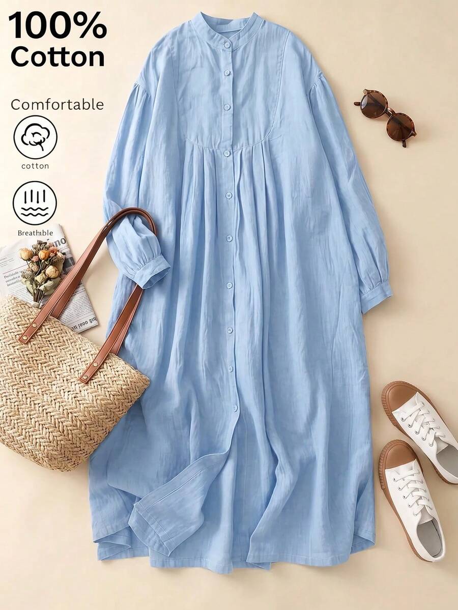 Bata larga de lino verde de 3/4 de manga para mujer, estilo retro artístico suelto y casual, elegante - Lavado ligero - Ver 1