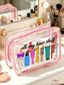 PVC 化妝包，印有髮飾圖案與「All My Hair Stuff」字樣，防水盥洗包，多功能化妝包，可收納髮夾、髮圈等，紅色墊層便攜收納包，化妝包，護膚包，旅行必備，宿舍用品，浴室收納，珠寶收納 - 彩色 - 查看 13