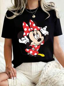 Women Round Neck T Shirt Minnie Mouse Print Casual Loose Fit Summer Top For Everyday Wear And Disney Themed Events 220g - 黑色 - 查看 1