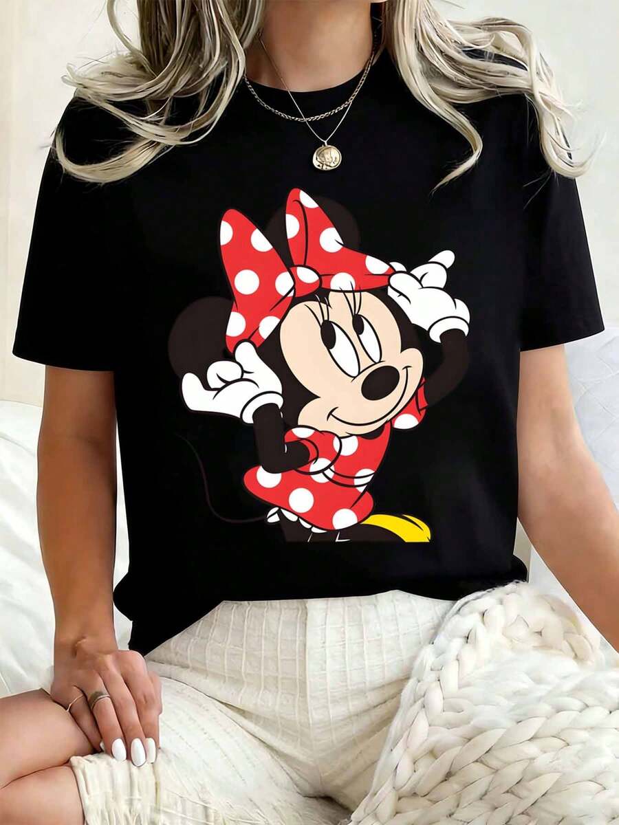 Women Round Neck T Shirt Minnie Mouse Print Casual Loose Fit Summer Top For Everyday Wear And Disney Themed Events 220g - 黑色 - 查看 1