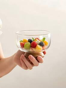 1pc Wooden Base Thick Glass Bowl With Tray, Japanese Vintage Fruit Yogurt Oatmeal Bowl, Ins Retro High-End Dessert Snack Cake Bowl, Snack Main Dish Bowl, Coffee Cup, Breakfast Cup, Suitable For Restaurant, Living Room, Kitchen, Dessert Shop, Eatery, Gathering - Multicolor - View 4