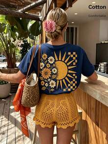 Damen Herbst 100% Baumwolle Oversized Kurzarm Rundhals T-Shirt mit Boho Blumen Sonnen Muster für Mode Lässig, Outdoor, Y2K, Streetwear - Marineblau- - Übersicht 3