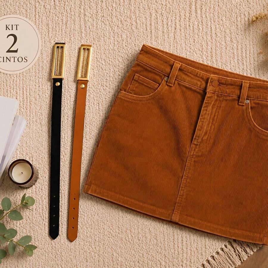 Set Of 2 Women's Thin Belts, Black And Caramel, Elegant - 兩條皮帶套裝 - 查看 1