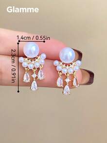 1 Pair French Vintage Crown Tassel Pearl Stud Earrings, Elegant Wedding Ball Fashion Earrings For Women, Elegant Party Birthday Earrings - White - View 7