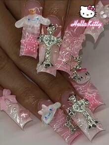 Sanrio Hello Kitty 24pcs Long Square Pink French Tip Press On Nails With 3D Cute Hello Kitty & Cinnamoroll Decorations, Rhinestones Design ,Full Fit False Nail Set,Hello Kitty Nails Supplies For Women And Girls Daily Life And Party Use - Multicolor - View 7