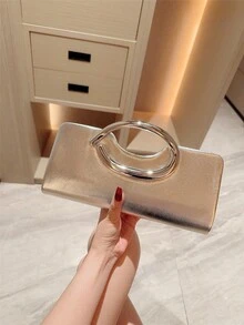 1件歐美時尚金屬裝飾迷你方盒手拿包，高端亮面金屬條手柄女款手提包，優雅奢華晚宴包，適合派對/浪漫婚禮/舞會/雞尾酒會/校園舞會，PU皮革配金屬鍊條 - 銀色 - 查看 4