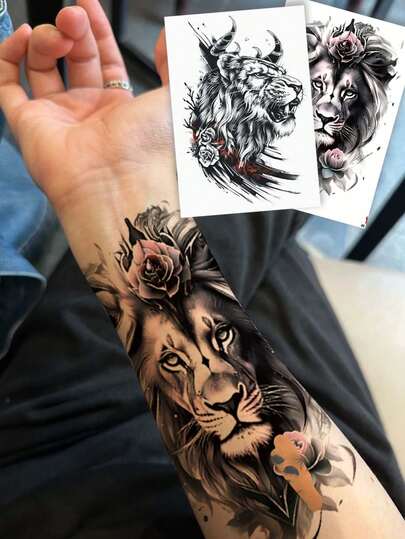 2 Sketch-Style Temporary Tattoos With Tiger And Lion Patterns. Non-Reflective And Lifelike, Suitable For Arms, Back And Spine. They Last 3 To 5 Days, Excellent Realistic Body Art For Daily Use.