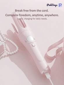PinkSings 32mm Rizador de pelo portátil automático, 4 niveles de temperatura ajustables, rizador de pelo giratorio automático recargable por USB, diseño anti-quemaduras, batería de 5000mAh - Rosa - Ver 6
