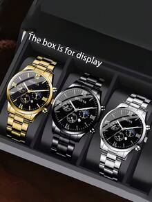 3pcs Men's Casual Luxury Business Quartz Watch Set - Fashionable Round Dial, Date Function, Alloy Case And Stainless Steel Strap - Perfect Holiday Gift For Men - Multicolor - View 8