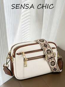 Nova Moda Clássica Padrão Vintage de Palhaço Tira Tecida Material PU Impermeável Sólido Estilo Europeu e Americano Multi-Bolso Design de Zíper Aberto Bolsa de Ombro Carteira Pode Ser Usada Transversal para Compras - Branco - Visão 2